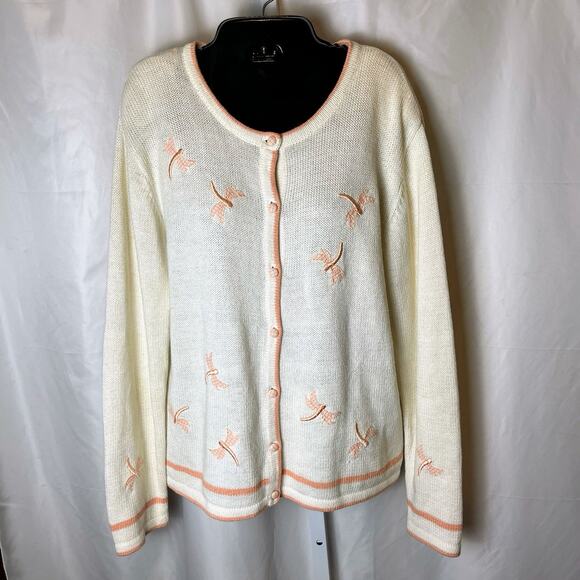 Vintage C&B Women’s M Cardigan Dragonfly Embroidered Ivory Peach Y2K Cottagecore - Picture 4 of 10